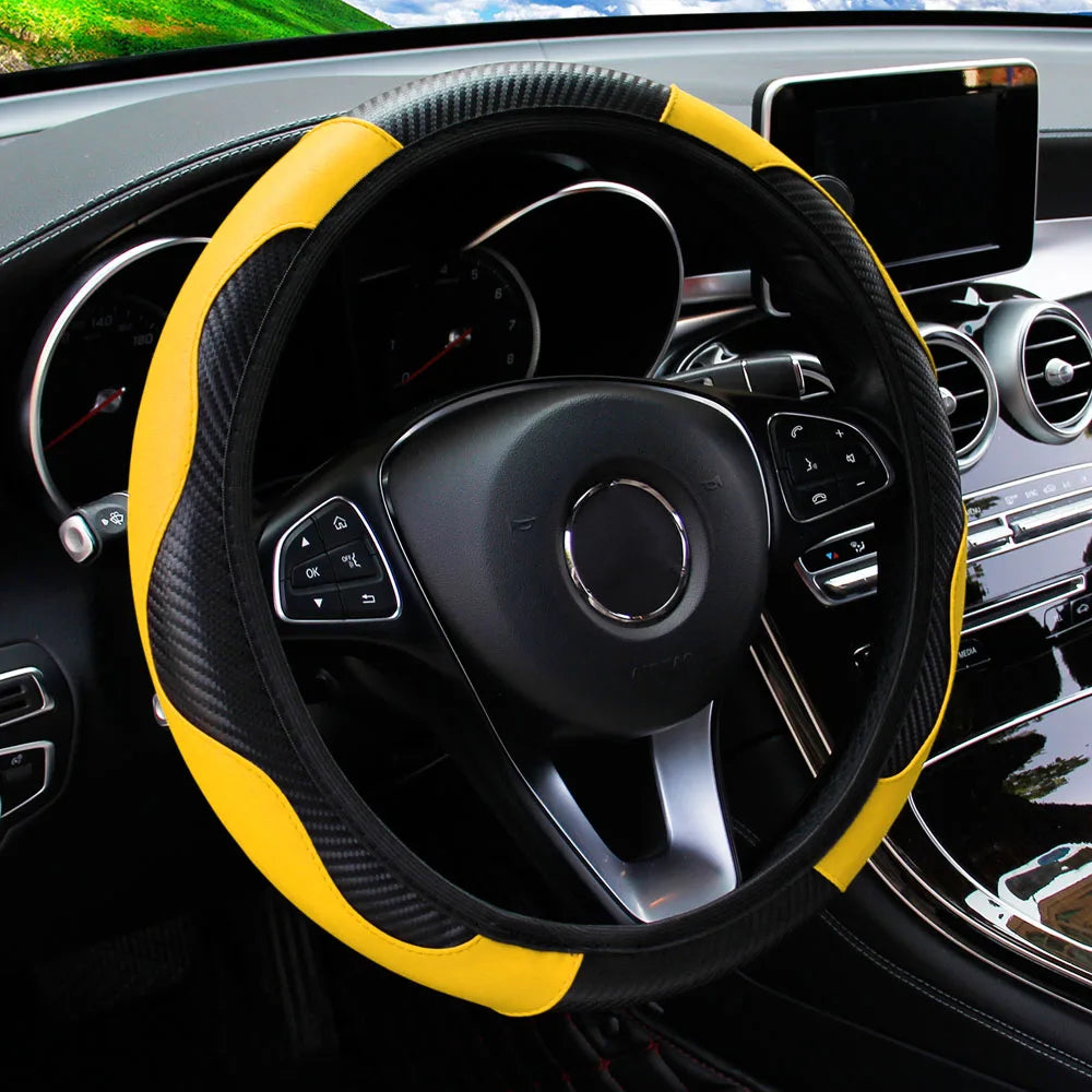Funda de Volante de Coche de Cuero y Fibra de Carbono para 37-38 cm