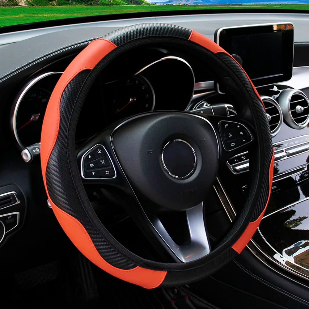 Funda de Volante de Coche de Cuero y Fibra de Carbono para 37-38 cm