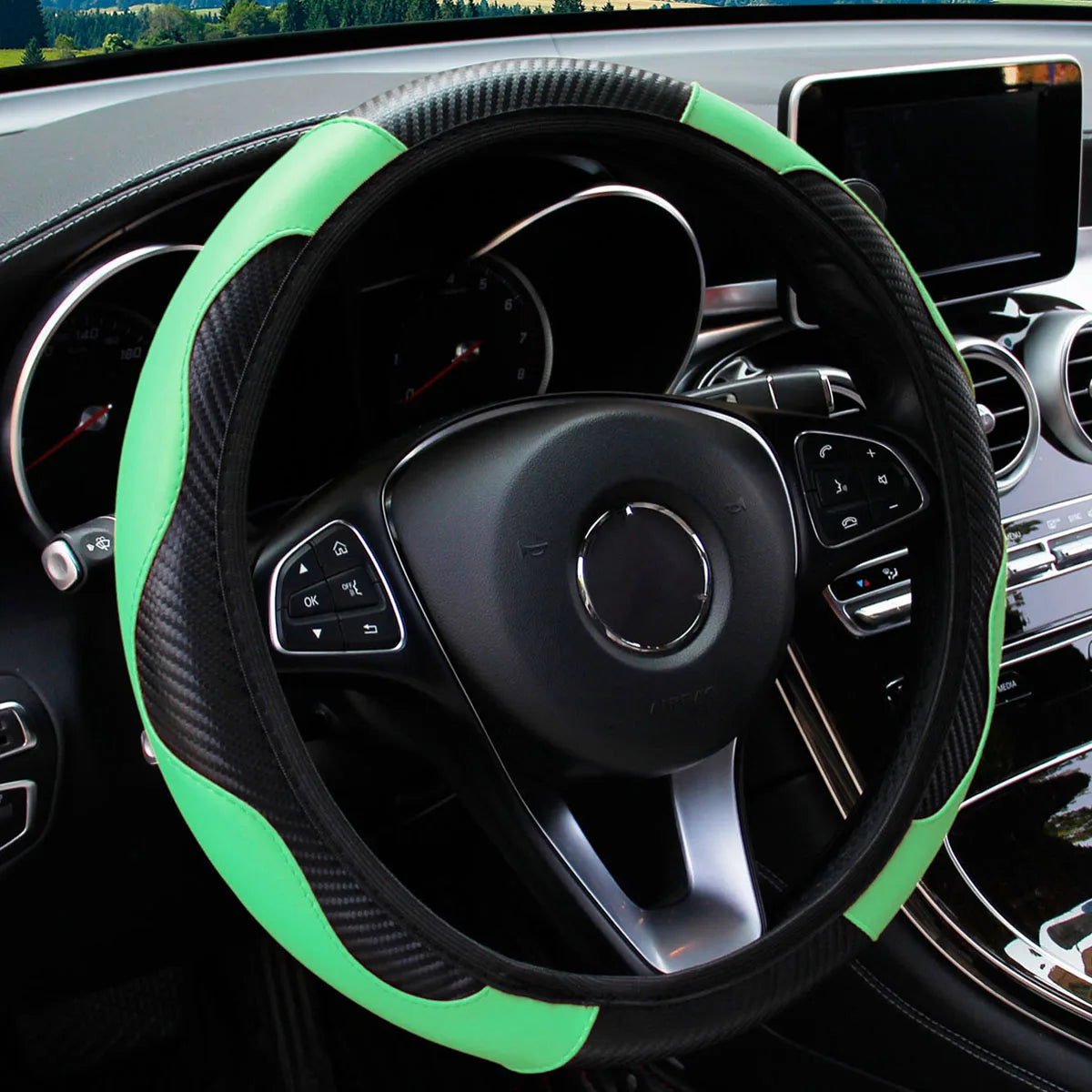 Funda de Volante de Coche de Cuero y Fibra de Carbono para 37-38 cm